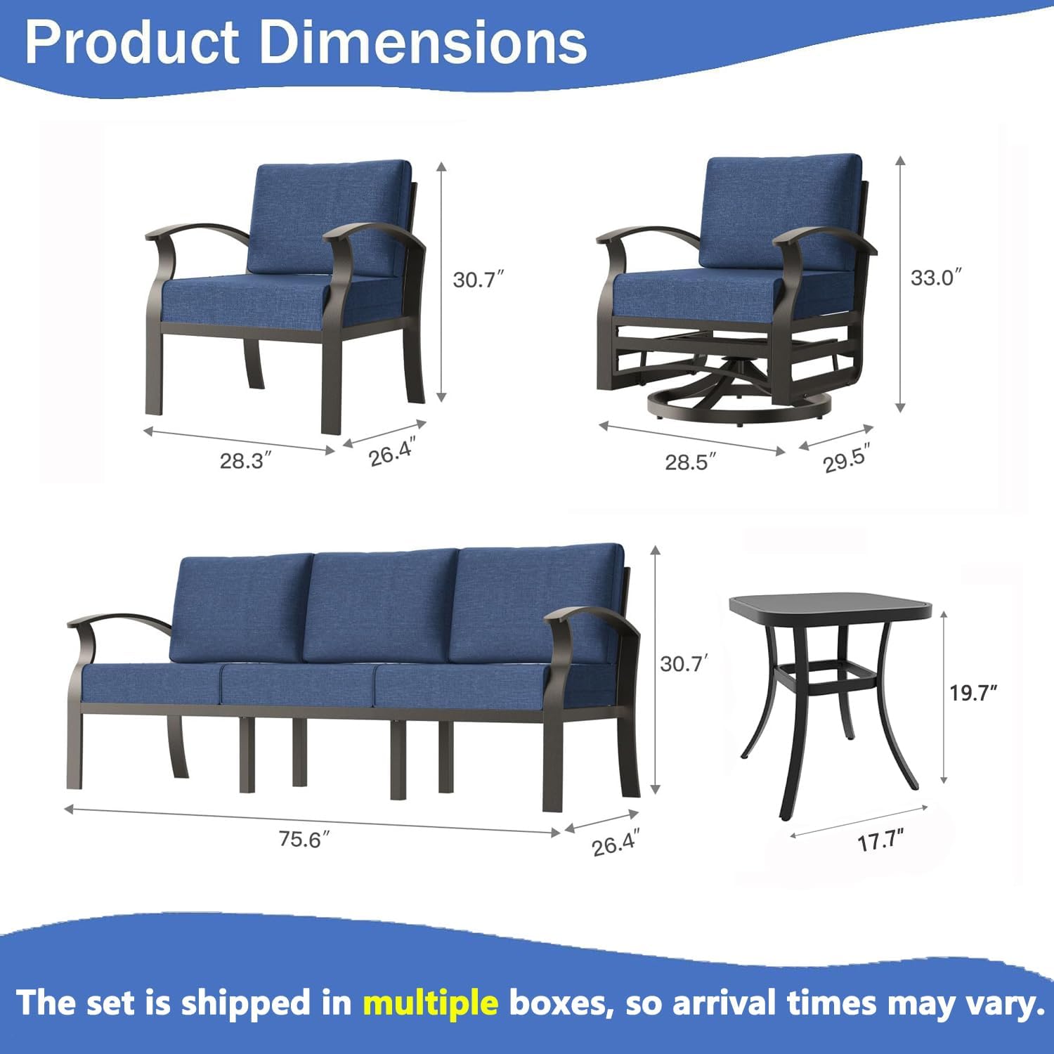 Aluminum Outdoor Patio Furniture Set,5 Pieces 7 Seats Patio Conversation Sets with 2 Swivel Rocking Chairs,Metal Patio Sectional Furniture Set with 5.1" Thickened Cushions,Navy Blue