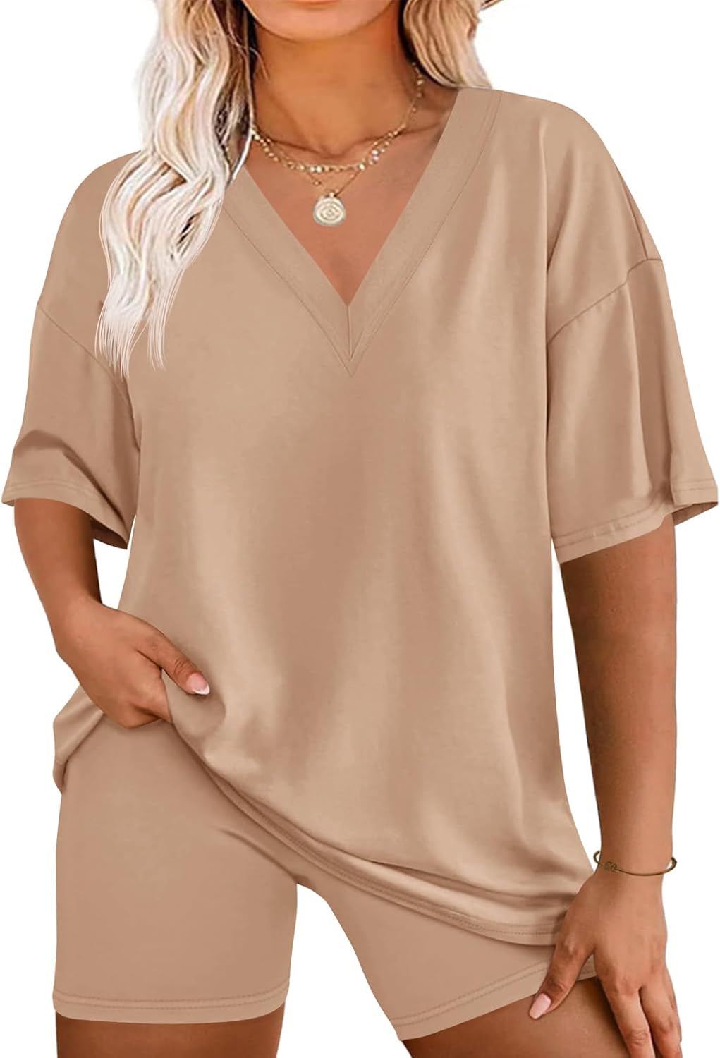 Beautife Womens Plus Size 2 Piece Lounge Sets V Neck Oversized T Shirts Biker Shorts Workout Matching Summer Outfits