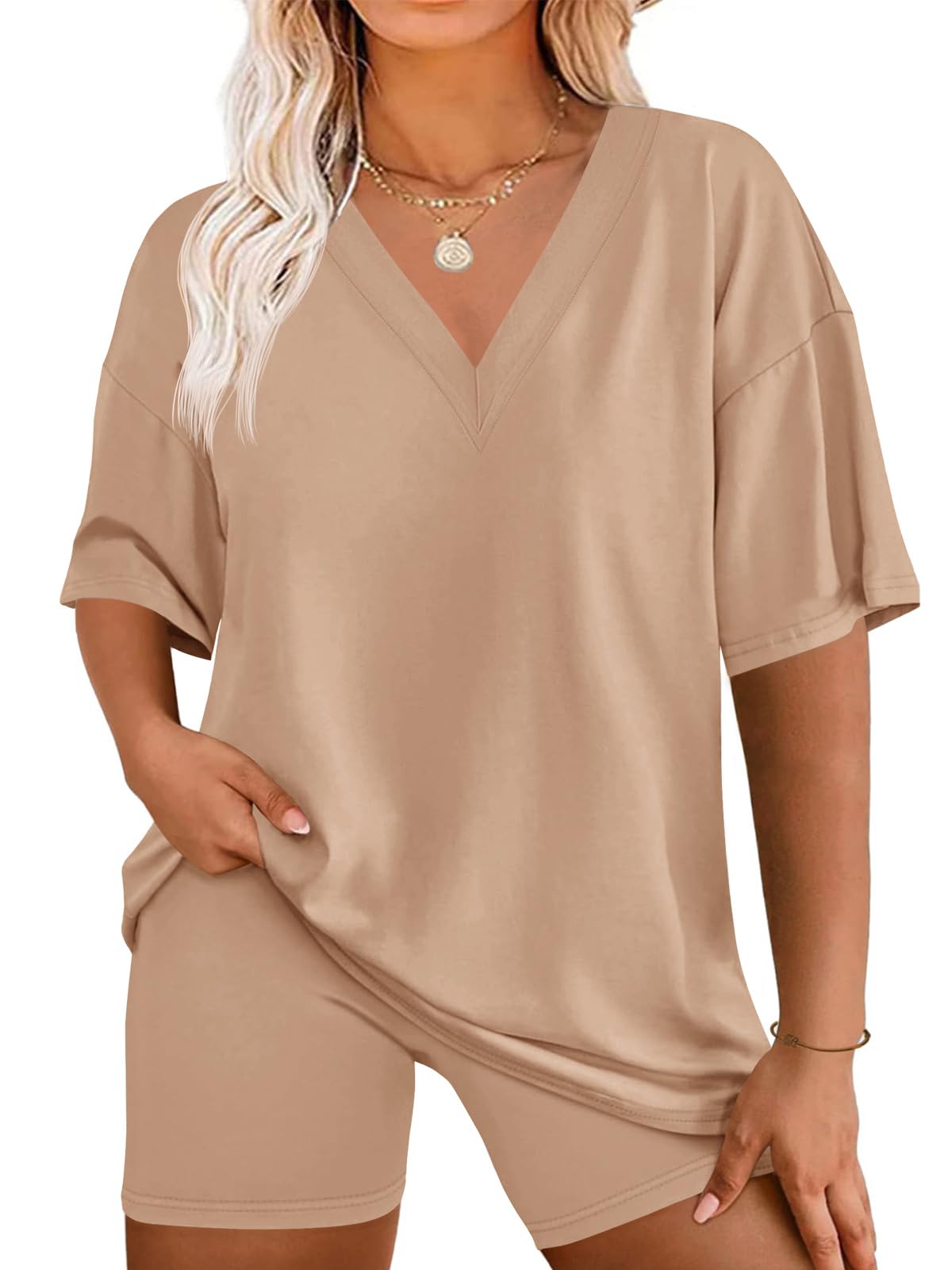 Beautife Womens Plus Size 2 Piece Lounge Sets V Neck Oversized T Shirts Biker Shorts Workout Matching Summer Outfits