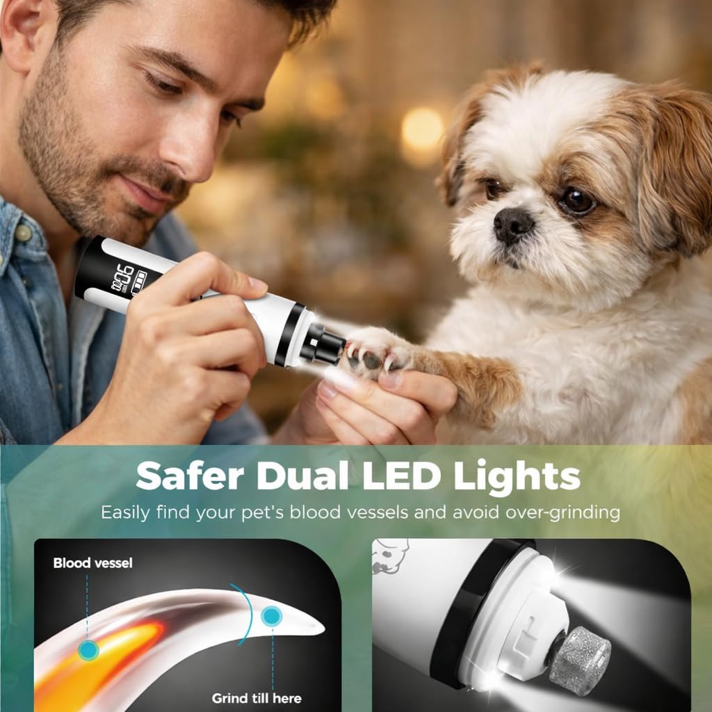Professional Dog Nail Grinder with LED Quick Sensor Light & LCD Screen, 3-Speed, Corded/Cordless, 8Hr Runtime, Quiet Electric Pet Nail Trimmer Kit w/Clippers, 2000mAh Rechargeable for Dogs & Cats - image 3