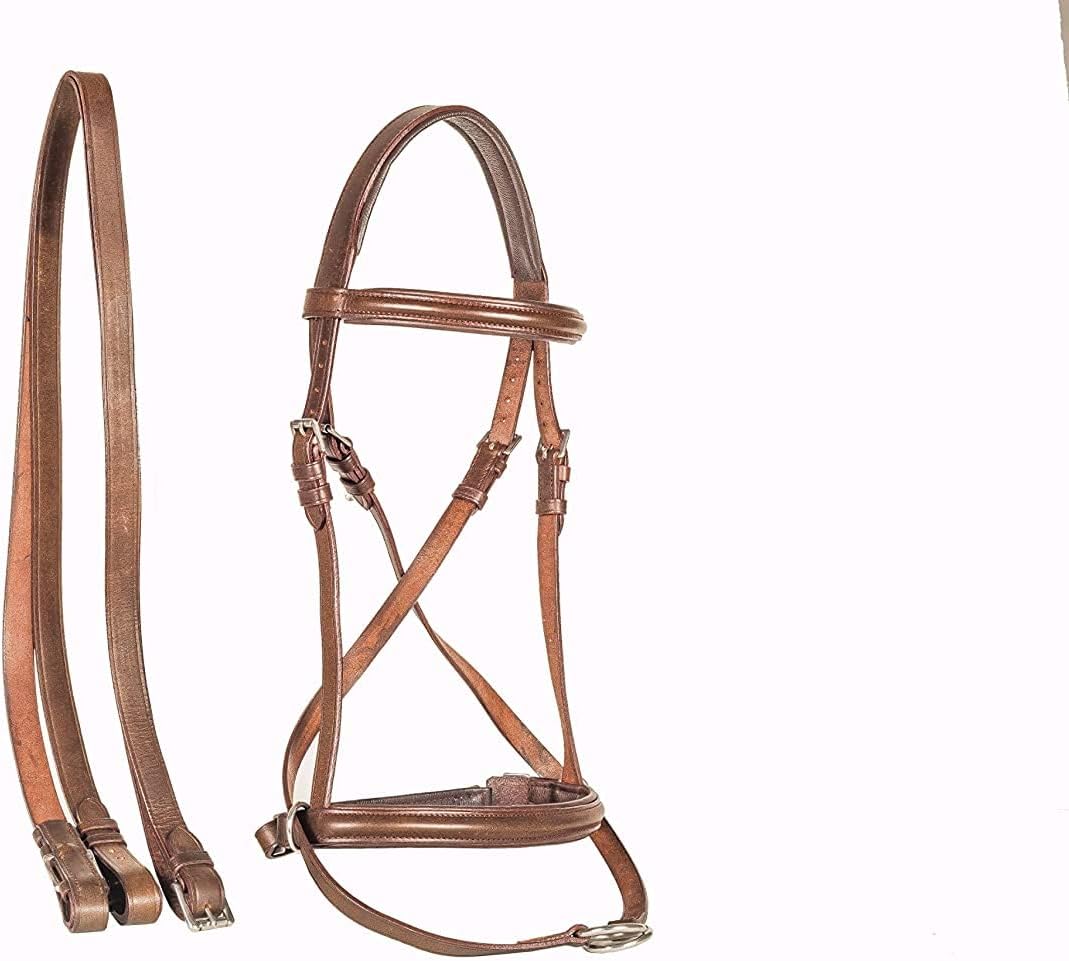 Leather Bridle English Headstall Reins Cowhide Genuine Horse Crossover Crossunder Raised Fancy Stitched Laced All Purpose Jumping Dressage Rubber Crystal Padded Adjustable Browband Full-Cob,M63