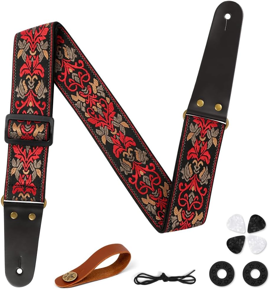 Aucuu Correa de Guitarra, Guitar Strap de Algodón, Bordado de Las Correas de Guitarra, 4 Púas de Guitarra, 2 Cierres de Correa de Goma, Extremos de Cuero Genuino, para Bajo Guitarra,Eléctrica,Acústica