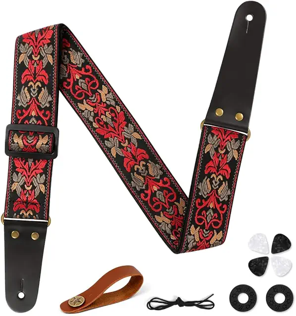 Aucuu 2 Inch Embroidery Guitar Strap with Leather Ends and Accessories