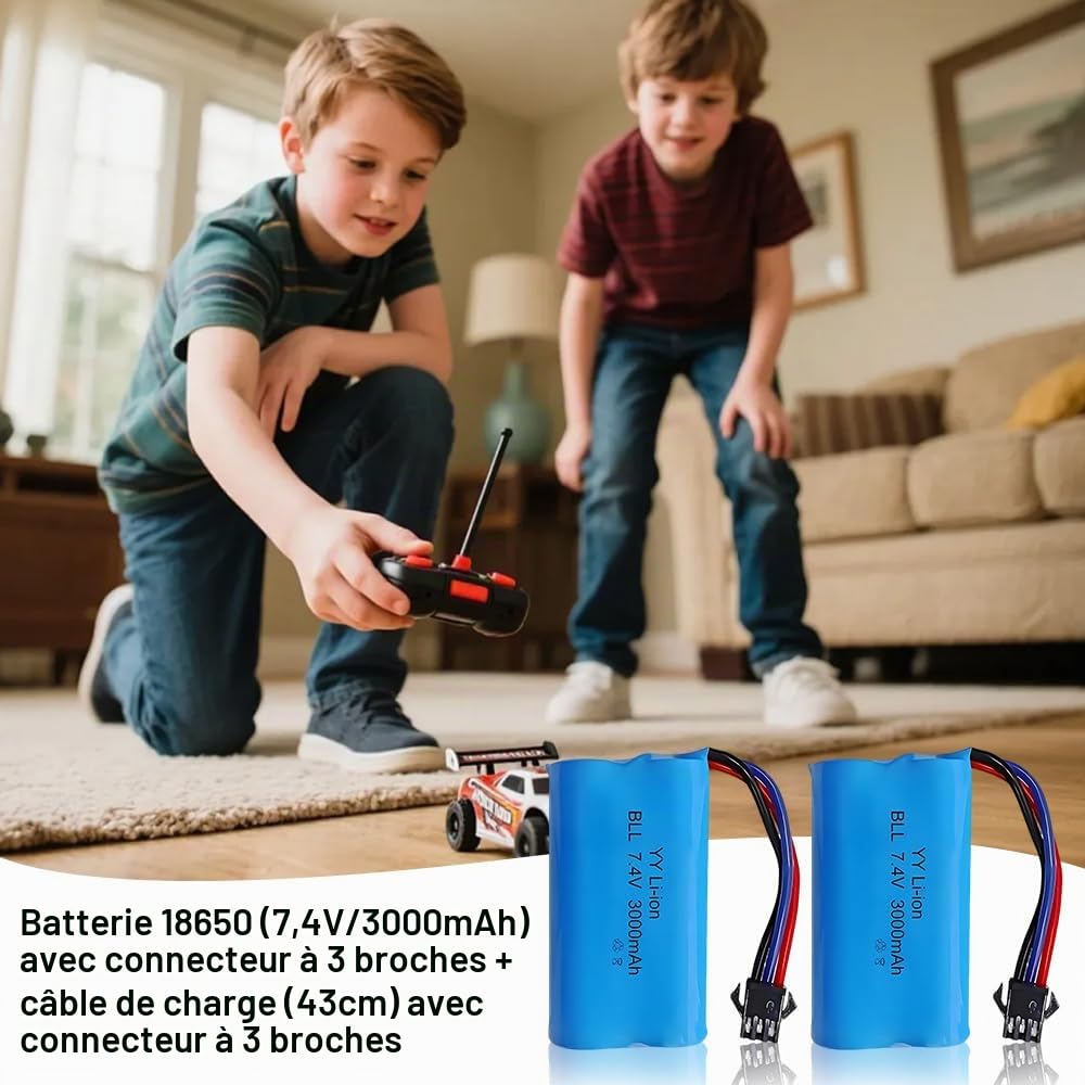 Lot de 2 Batteries Li-ION Rechargeables 7.4 V 3000 mAh avec Fiche SM-3P et Chargeur, Batterie au Lithium pour Véhicules Télécommandés, Chars, Cascadeurs et Robots