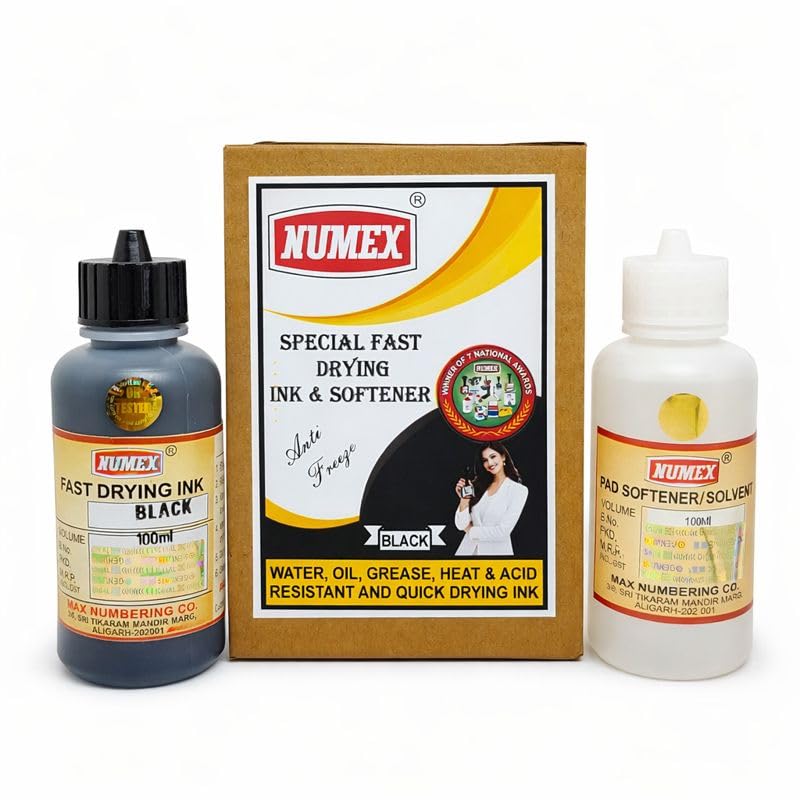 NUMEX Gold Fast Drying Ink & Softener (100ml) for Batch Printing Machine | Permanent Jet Black Ink for Plastic Pouch, Label, Carton | Heavy Duty Quick Dry Ink