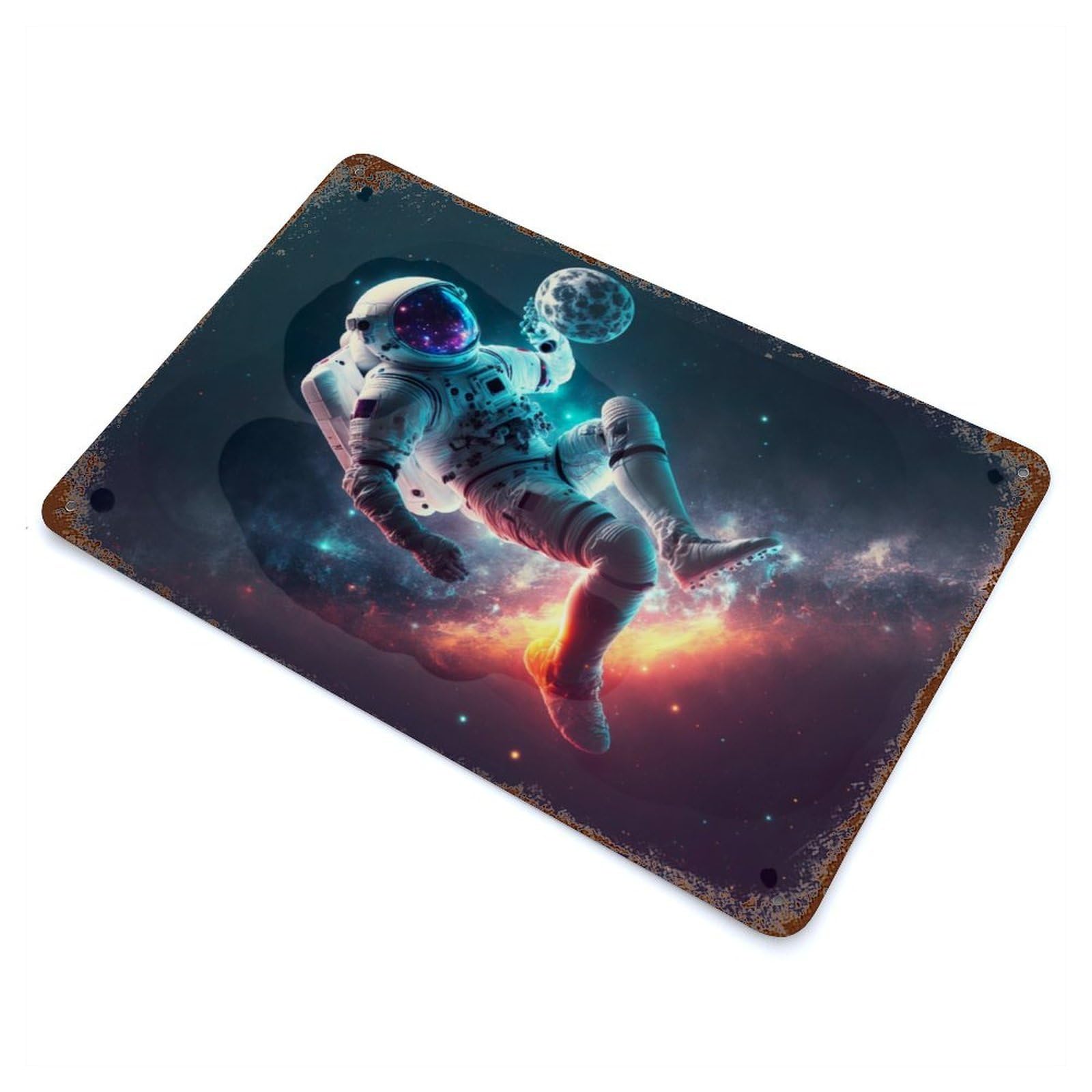 Distressed Metal Wall Sign with Astronaut Soccer Player Design 11.8"x7.9", for Living Room, Hallway And Home Decor, Vintage Wall Decor