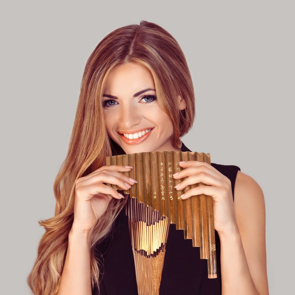 Flauta de Pan, 15 tubos, instrumento de viento de bambú, llave G, Panpipe, instrumento de viento de madera tradicional chino con bolsa de barra de limpieza
