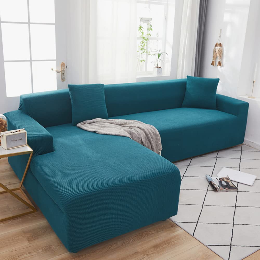 Housse de canapé extensible salon forme L imperméable bleu polaire