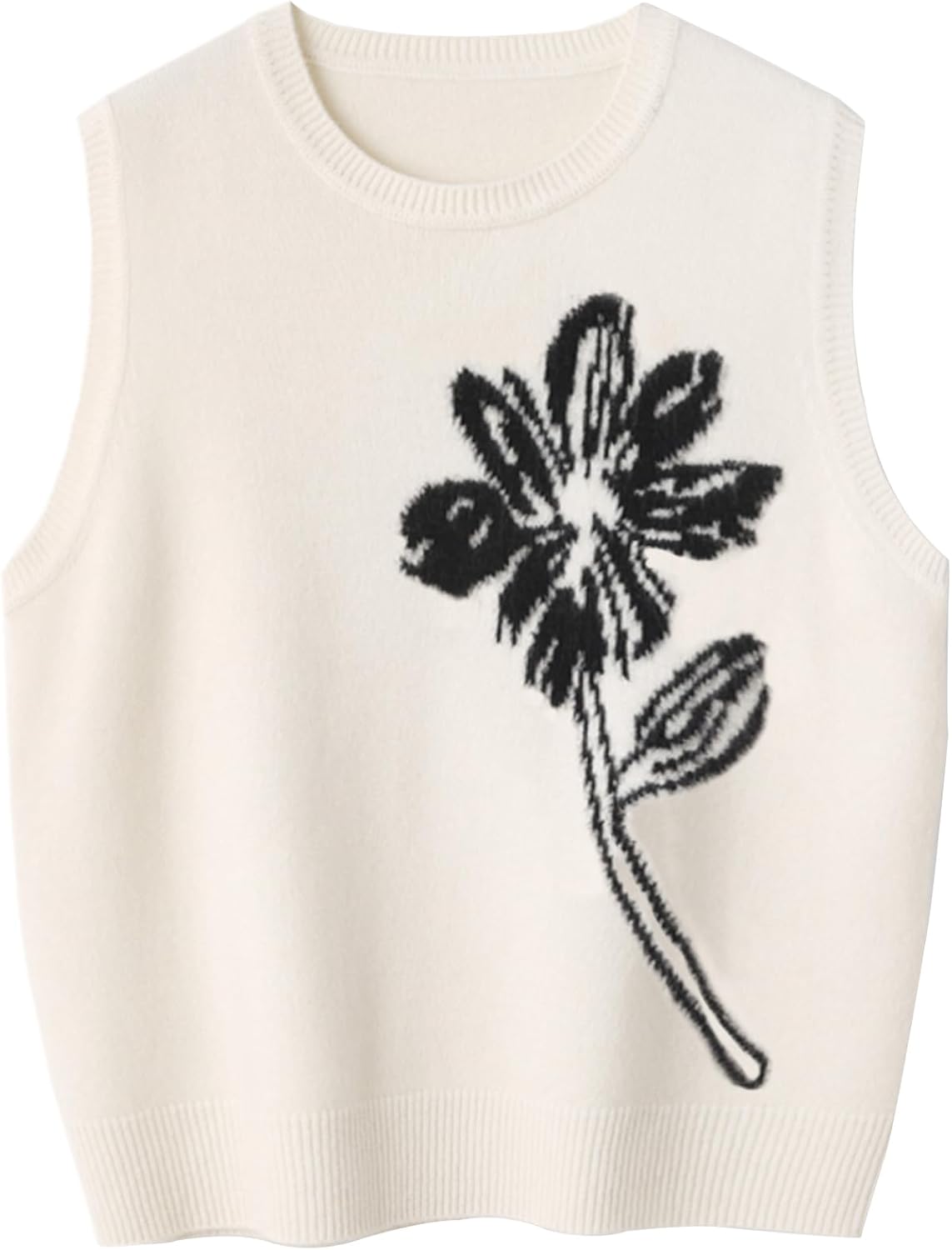 Wowcarbazole Women's Sweater Vest Crew Neck Sleeveless Ribbed Knitwear Casual Trendy Floral Knitted Vest Pullover Top