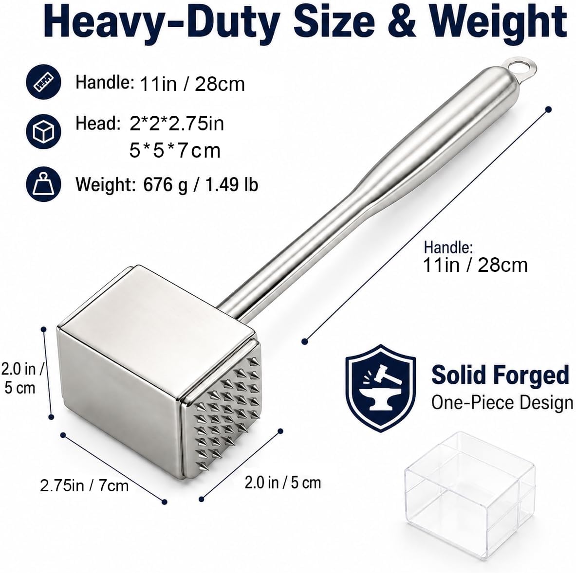 Heavy Duty Meat Tenderizer Mallet, 316 Stainless Steel Meat Hammer, 1.49 lb Dual-Sided Meat Pounder for Chicken Cutlets, Steak, Beef & Pork, One-Piece Solid Forged Design with Protective Cover