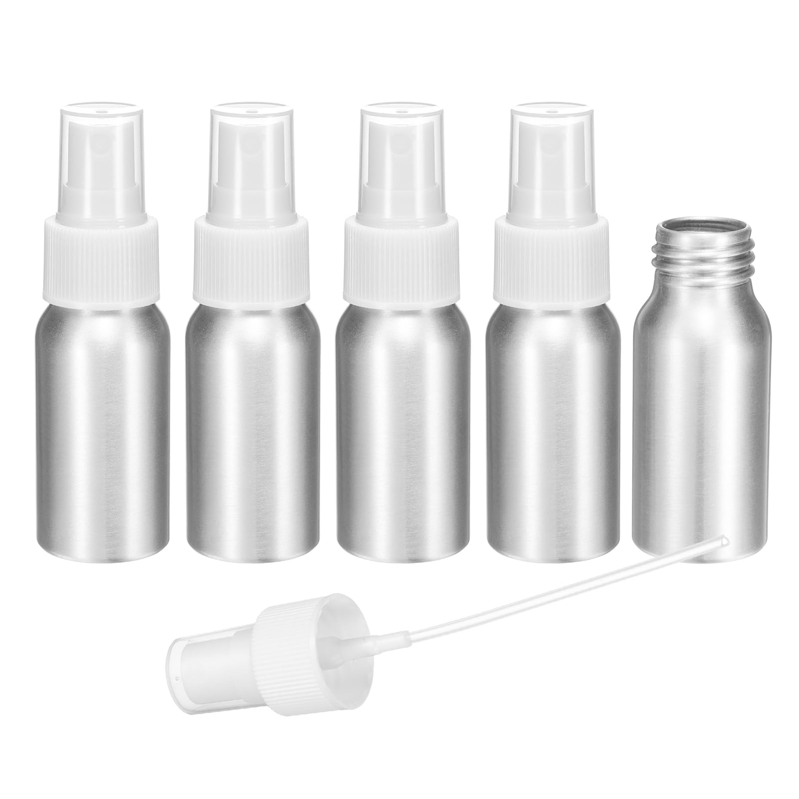 sourcing map 5pcs Aluminum Fine Mist Spray Bottles 30ml/1oz Metal Small Liquid Alcohol Refillable Travel Container with White Plastic Nozzle Cap for Perfume Skincare Cosmetic Storage Bottle
