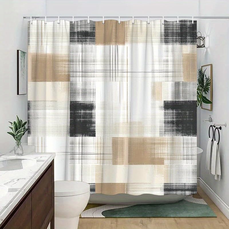 Rideau de douche 200x210 cm à carreaux beiges et noirs avec crochets