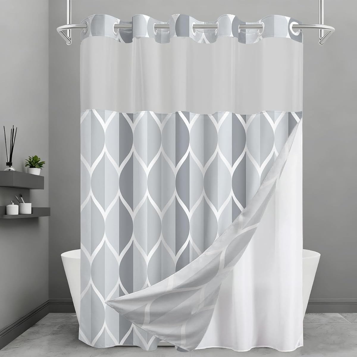 Juego de cortina de ducha y forro sin gancho, gris geométrico 71 x 74 | Tela impermeable con forro a presión, baño moderno estilo gota de agua para hotel, ventana superior de malla transparente