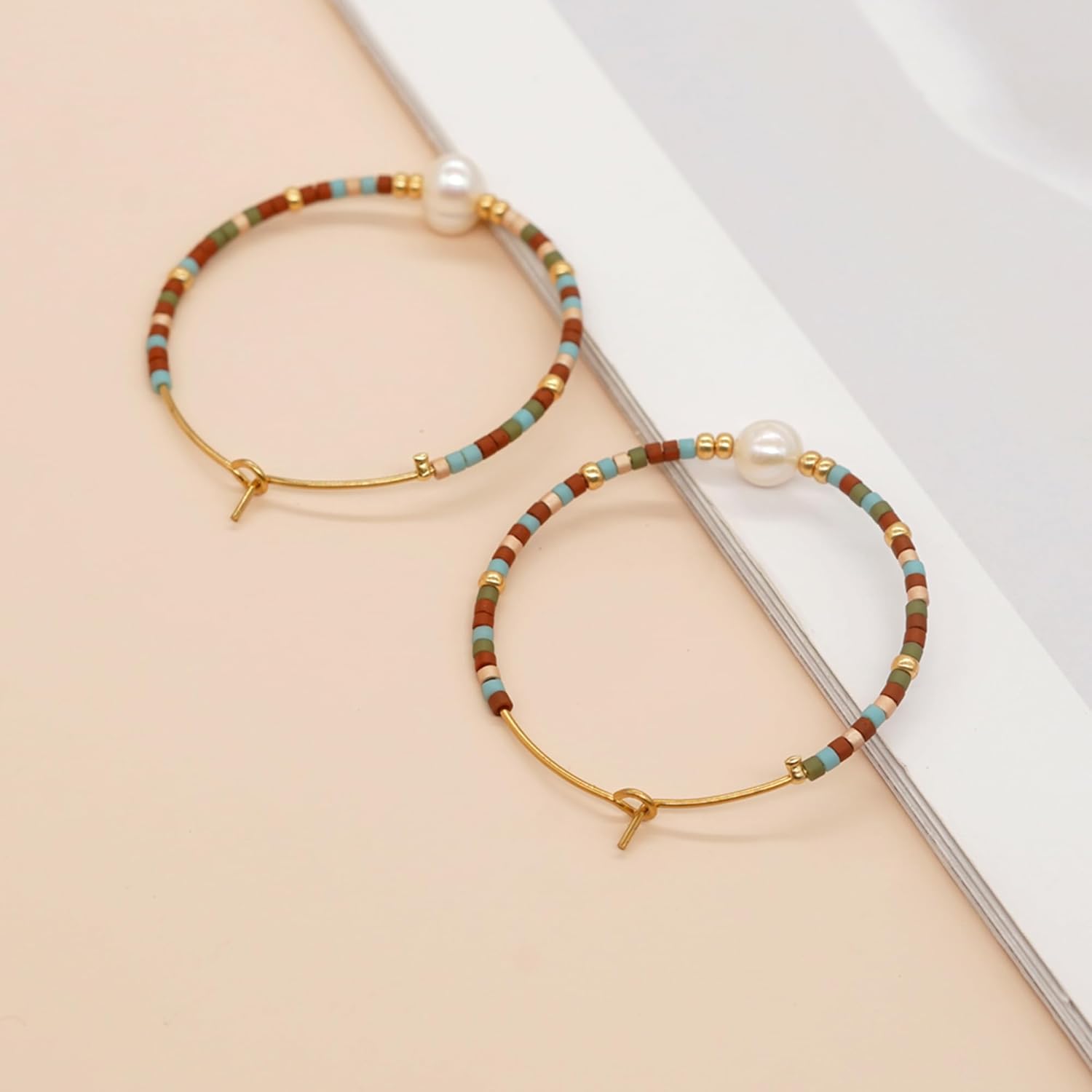 Seed Beaded Pearl Gold Hoop Earrings for Women, Boho Handmade Statement Colorful Beads Circle Earing Summer Beach Jewelry Gift. - Image 5