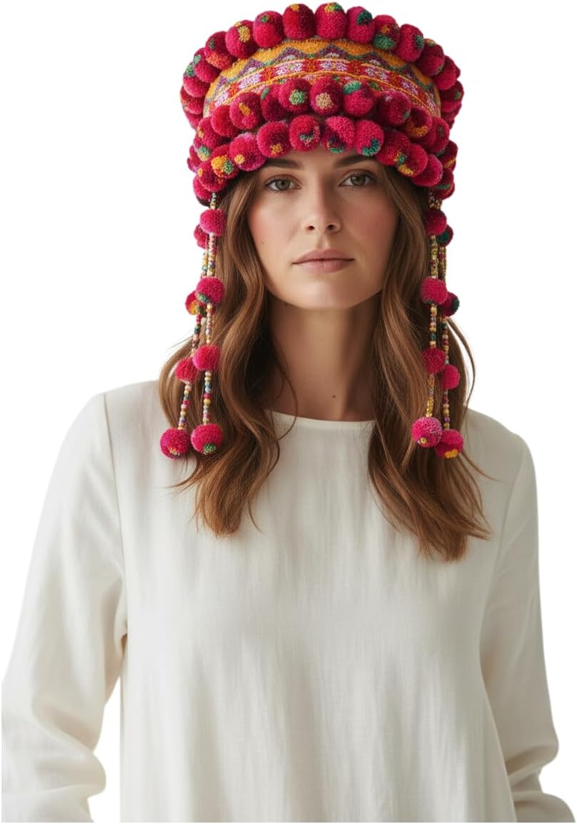 Terrapin Trading Handmade Hmong Tribal Headdress - Pink Ethnic Hill Tribe Hat with Metal Beads, Bells & Pompoms - Fair Trade Artisan Traditional Headwear - Size 55-57cm