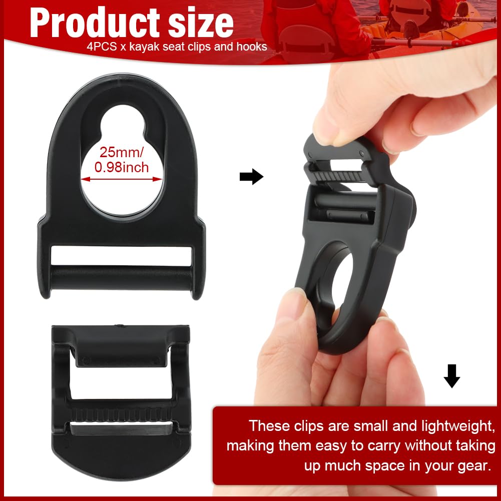 4pcs Kayak Seat Clips and Hooks, Kayak Seat Repair Kit Clips & Hooks Replacement Parts Strong Locking Sea-t Belt Latches for Kaya-k Accessories (Color:Black)