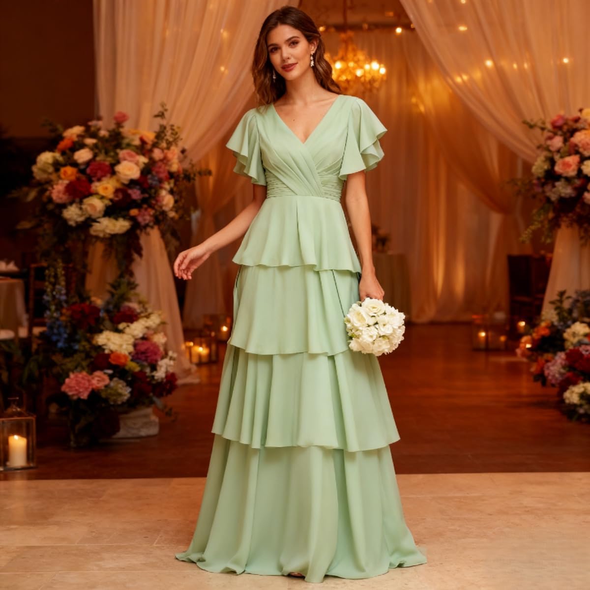 homdor Tiered Ruffles Bridesmaid Dresses for Women 2026 V Neck Chiffon Formal Evening Dresses with Sleeves - Image 2