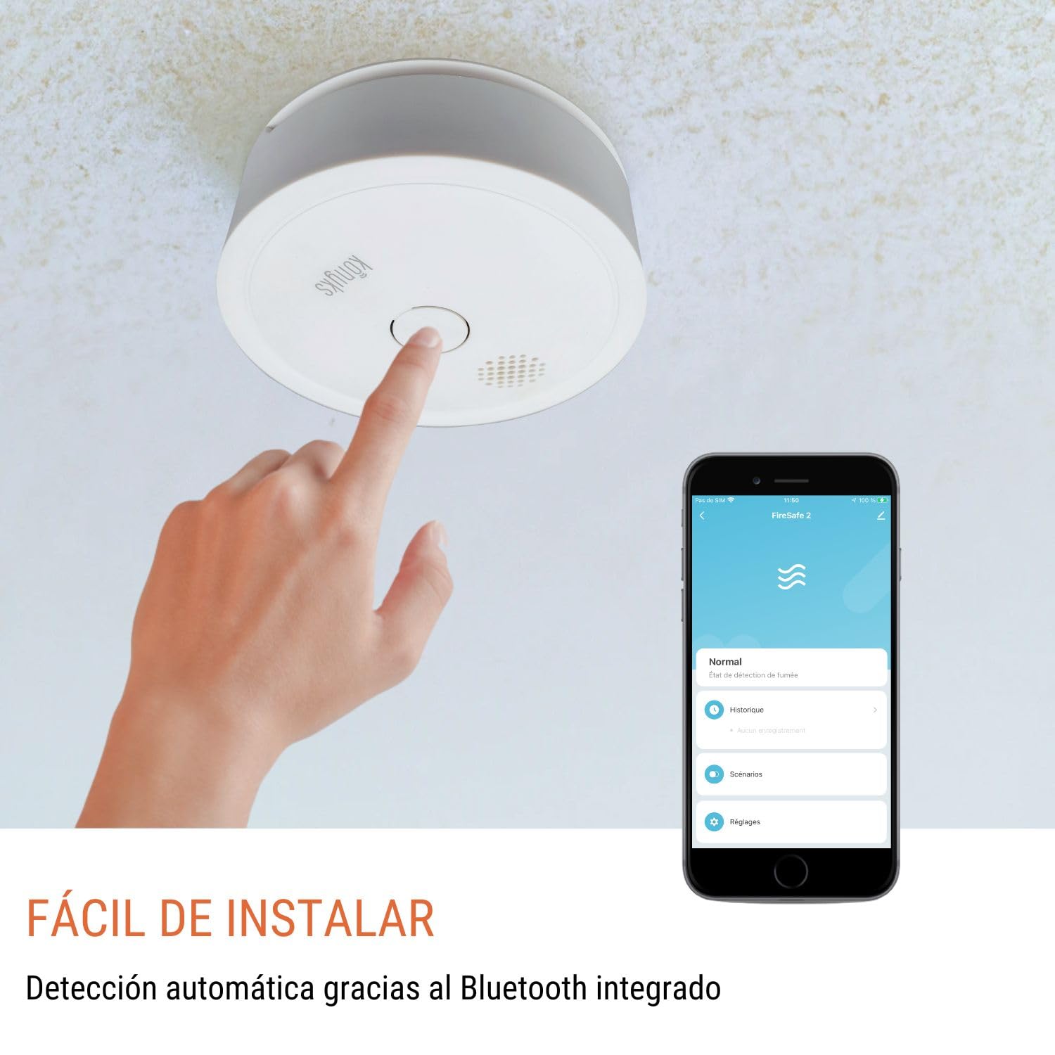 Konyks Firesafe 2, Detector de Humo con conexión Wi-FI, Notificaciones por Smartphone, Escenarios domóticos, No Requiere hub - Autonomia 5 años.