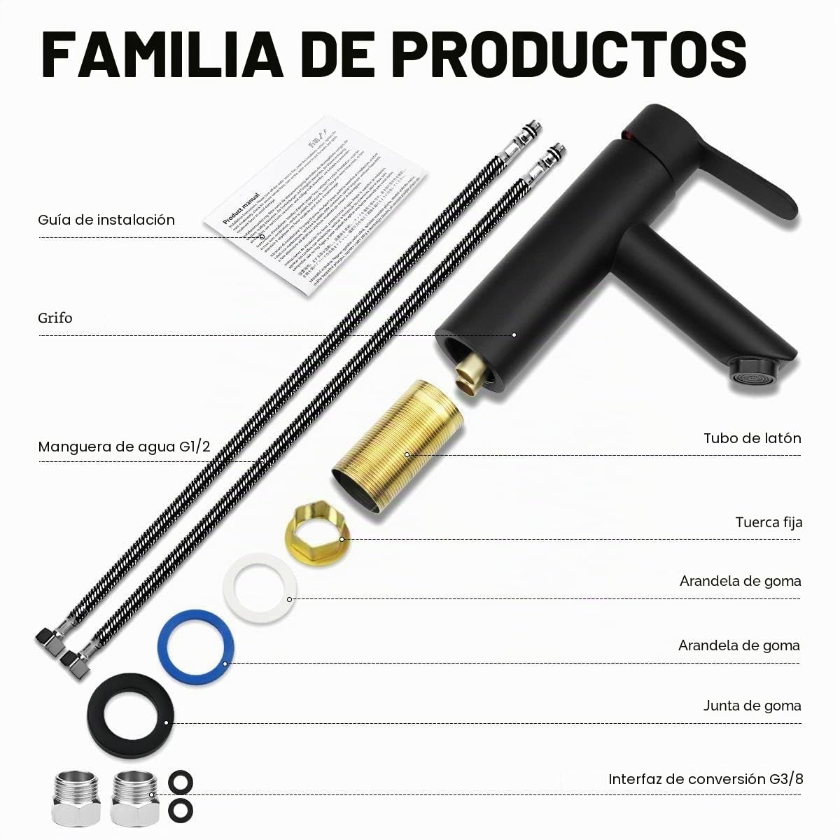 Grifo Lavabo Negro, Monomando Lavabo, Grifo Lavabo Negro Mate Con Dos Mangueras, Grifos Para Lavabos De Baño Para Aseos, Cuartos De Baño (A)