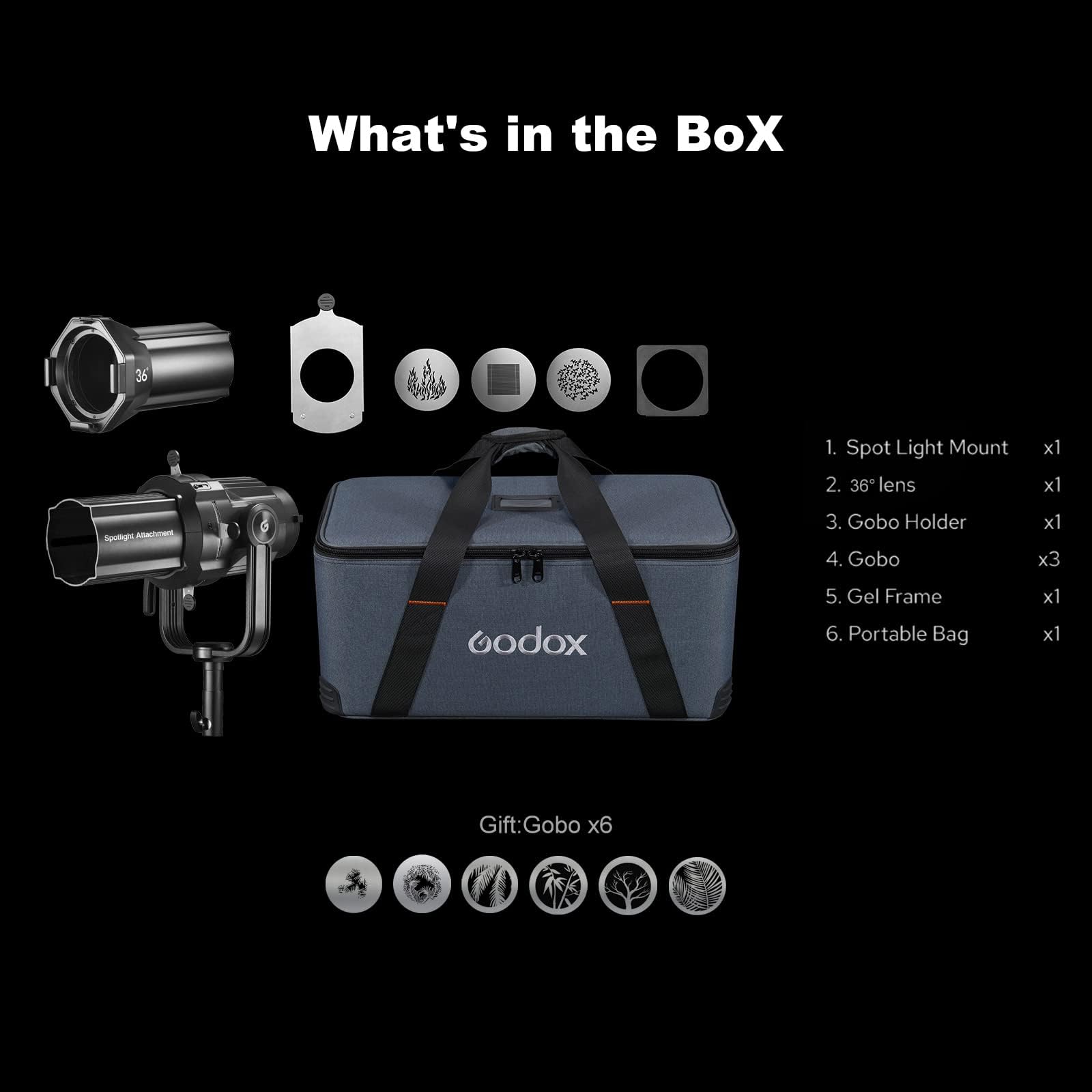 Godox Spotlight Attachment Kit, konischer Snoot mit 36° Projektionslinse und 9 Gobos für Bowens Mount Flash Speedlite, Studio Strobe Monolight, Fotografie LED Licht und Video Licht (VSA-36K)