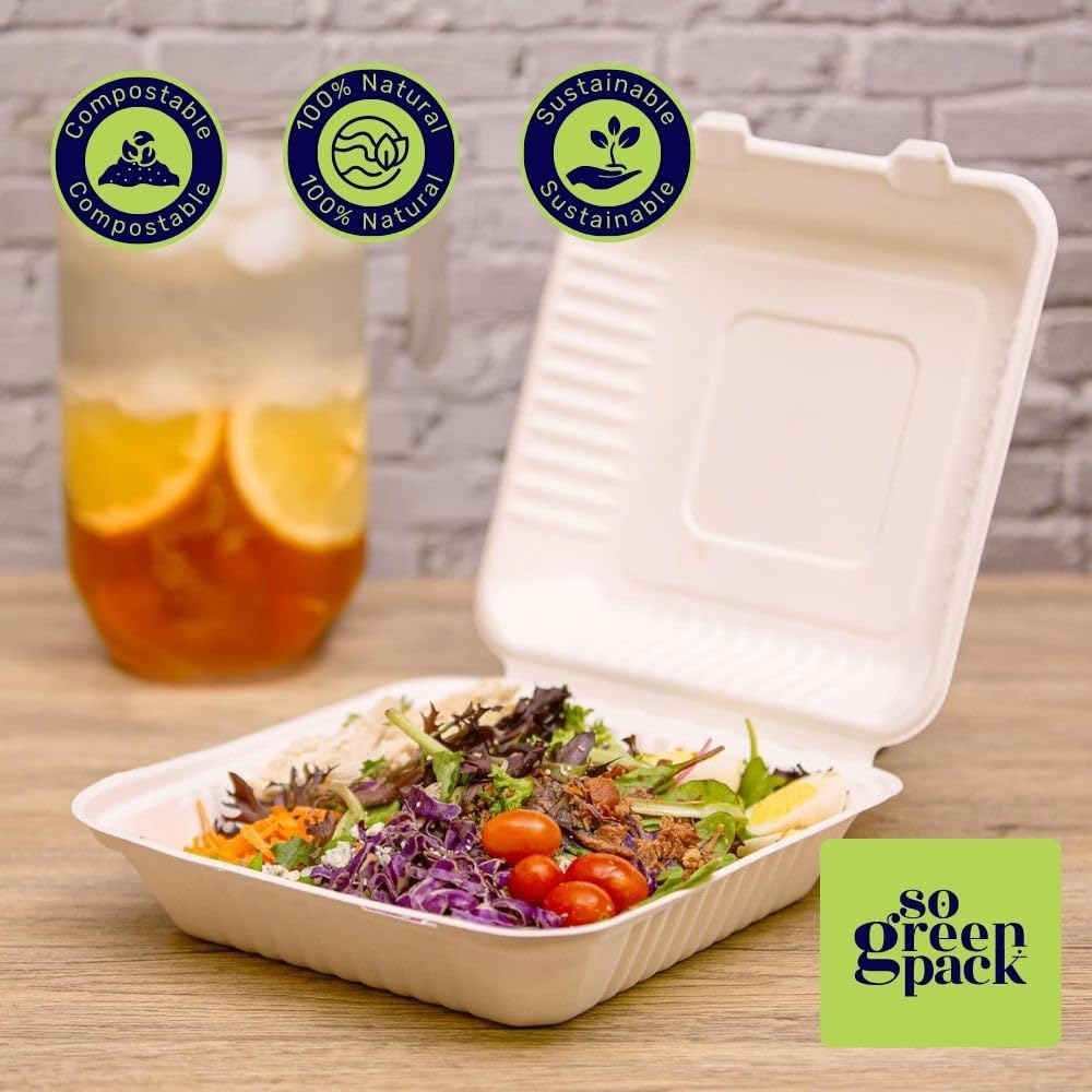 100 Packs Disposable 9x9 Clamshell Take-Out Container Compostable Biodegradable Bagasse & Eco-friendly To Go Container for Food