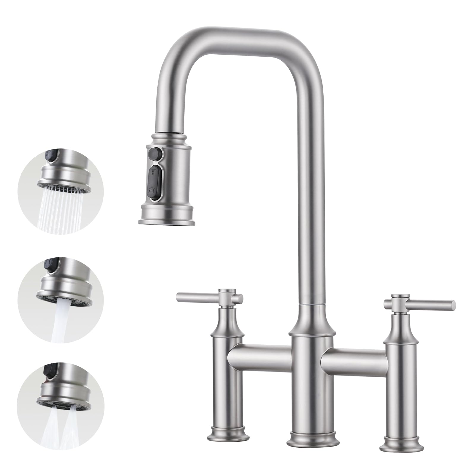 Bridge Kitchen Faucet Brushed Nickel: 3 Hole Solid Brass Farmhouse Kitchen Sink Faucet with Pull Down Sprayer, 2 Handle 8 Inch Centerset High Arched Faucet with 360° Swivel Spout