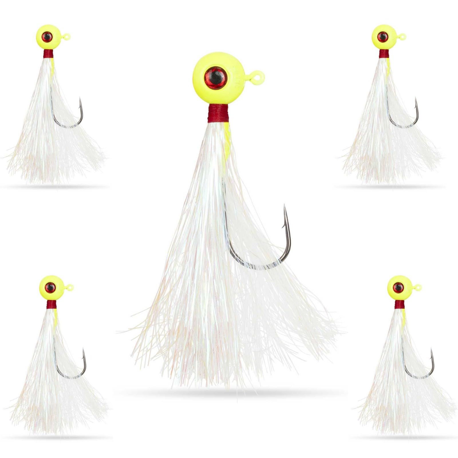 5 Pack UMT Chartreuse Fluke Ball Bucktail Jig 4oz Mylar Teaser, Ultra Sharp 6/0 Mustad Hook, 3D Eye – for, Black Sea Bass, Stripers & Bluefish Wrecker Fluke Ball Jig