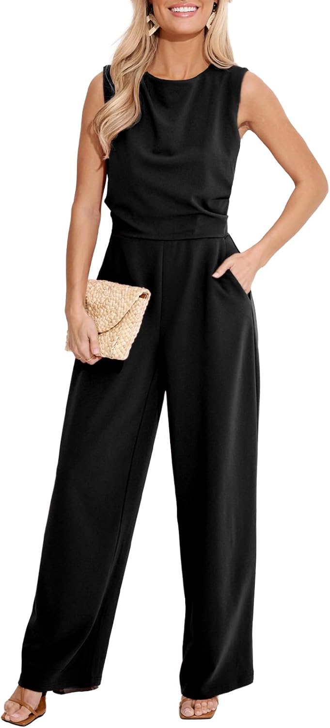 CUPSHE Summer Maxi Jumpsuit Round Neck Sleeveless Wide Leg One Piece Fall Outfit Pockets Fitted Overall Casual Maxi Romper