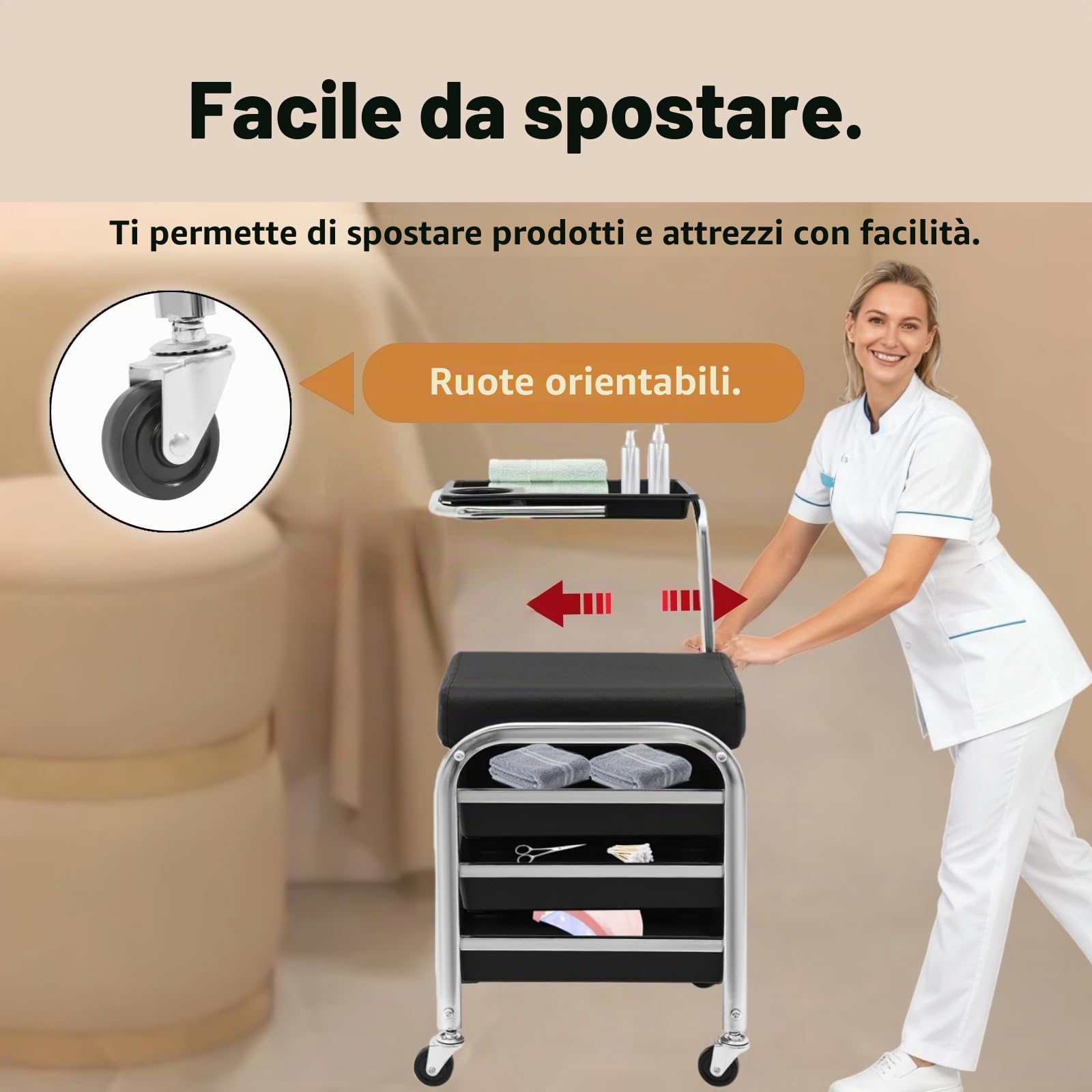 Carrello per manicure con ruote, carrello da salone 53 – 77 cm, altezza regolabile con ripiani a 3 livelli, carrello per manicure per la cura della bellezza con capacità di carico di 100 kg, 31