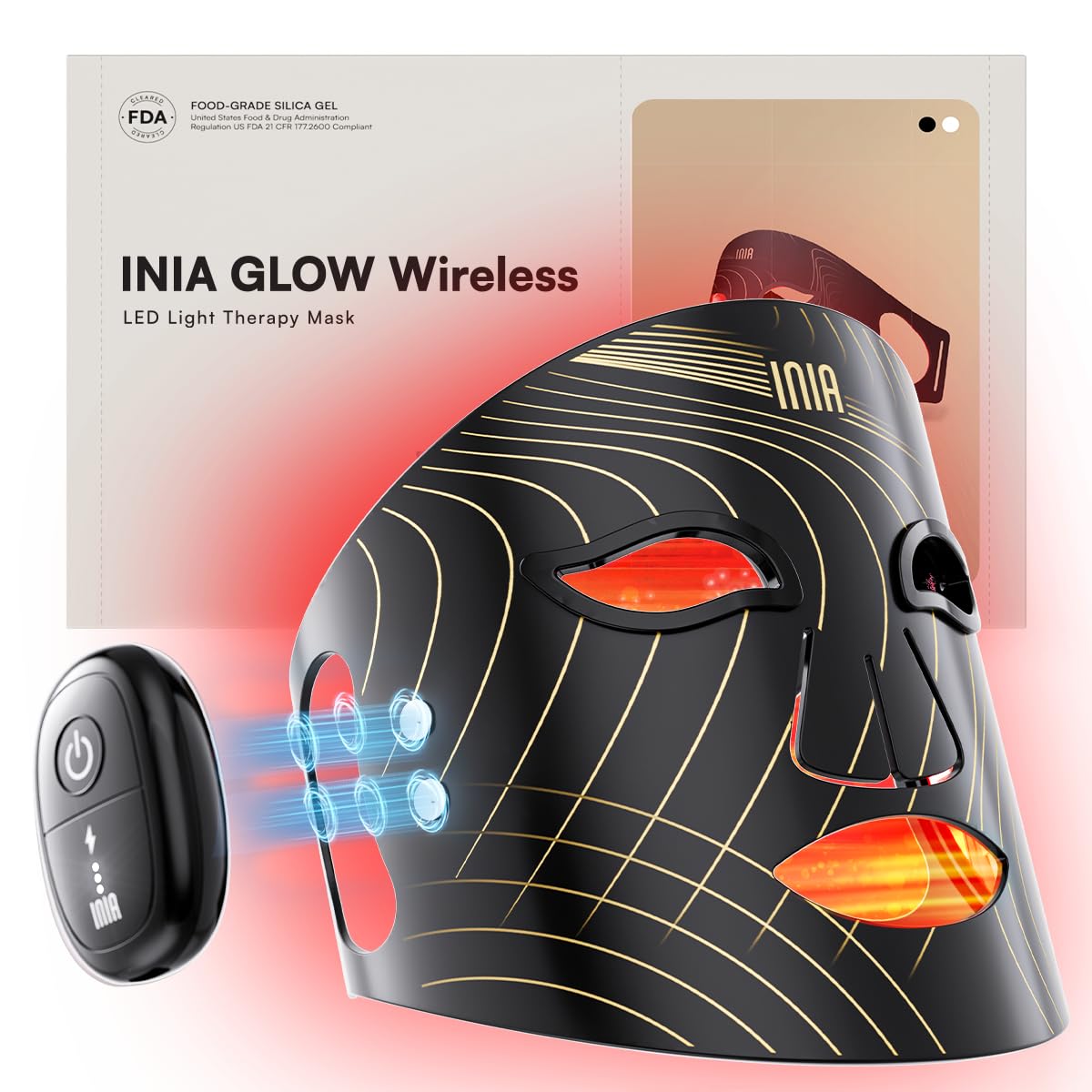 INIA Red Light Therapy Mask for Face, Glow Wireless LED Face Mask Light Therapy with Near-Infrared Red Light (NIR), Rechargeable and Ergonomic Design for Home & Travel