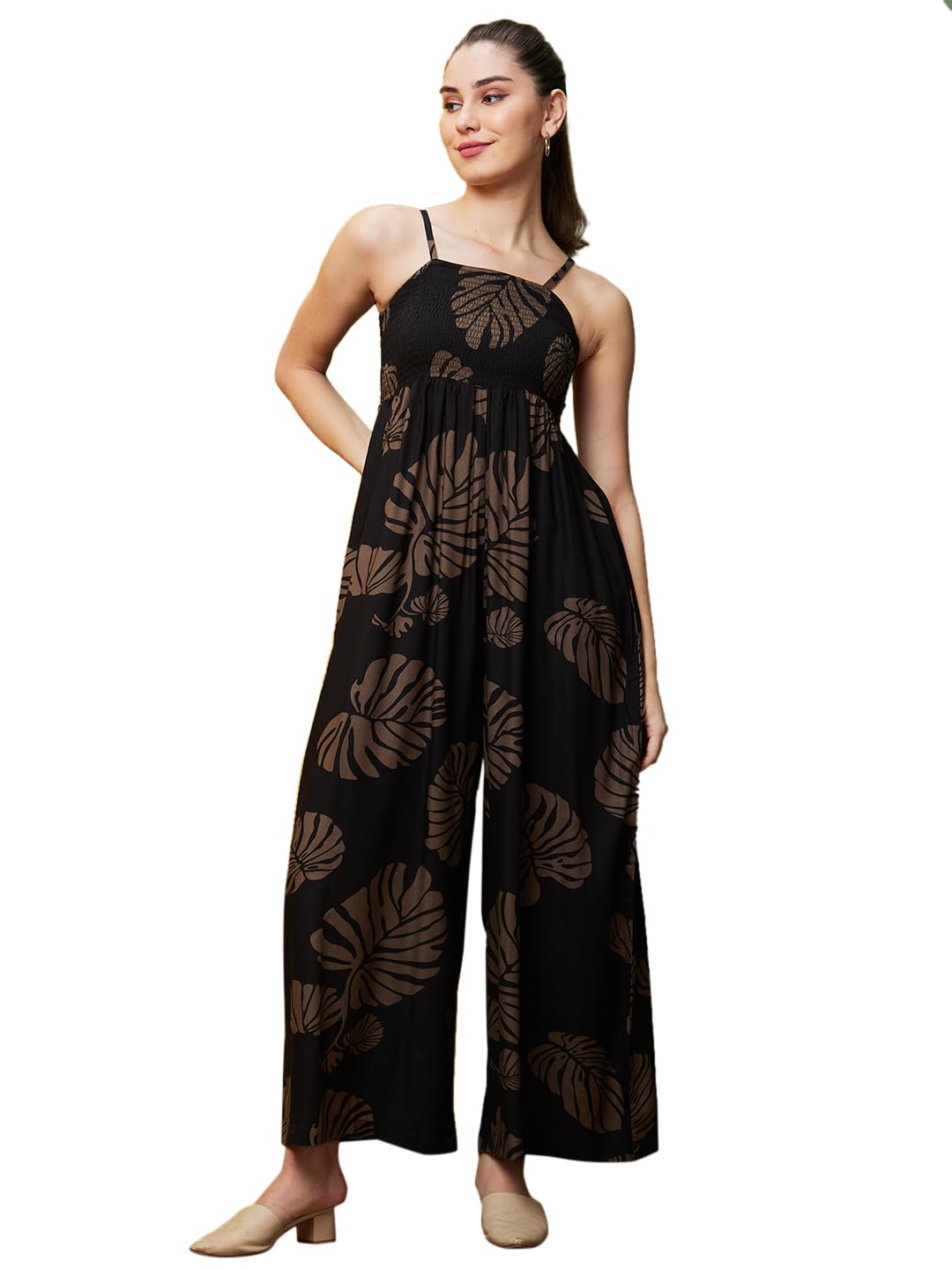 Women Black Tropical Printed Square Neck Adjustable Strappy Shoulder Smocked Long Jumpsuit-image-5