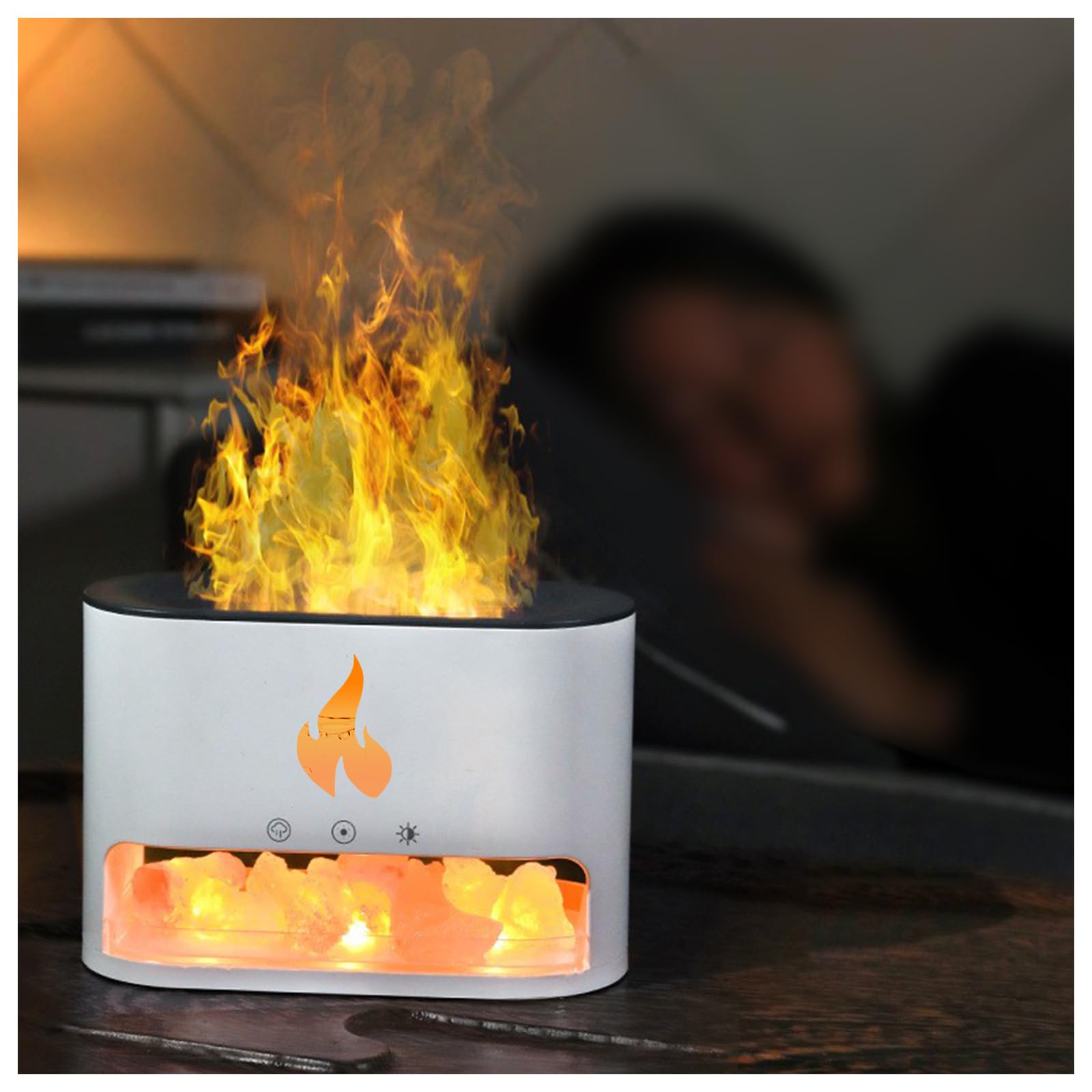 DoubleCare 250ml Essential Oil Diffuser, 3-in-1 Fireplace Flame Aromatherapy Diffuser, Cool Mist Humidifier with Himalayan Salt Stones, with 7 Color Lights, Timer and Auto-off, Home, Room (White)