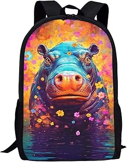 Kids Cool Animal Backpack Black Aesthetic Personalized Funny Floral Hippo School Backpack for Boys Girls Padded Back & Straps Comfy Lightweight Cute Bookbag 17 Inch Student Basic Daypack