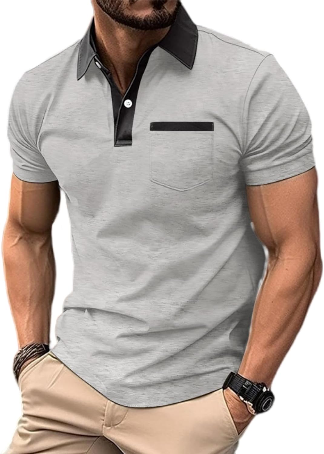 Mens Short Sleeve Polo Shirts Casual Summer Button Basic Shirt Classic Golf Fashion Tops with Pocket