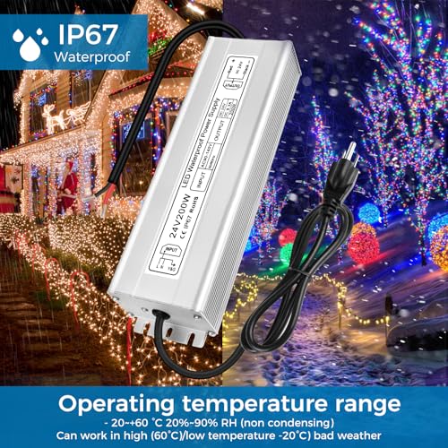 Image of LED Driver 200W 24V Power Supply, IP67 Waterproof Low Voltage Transformer, AC 90-140V to DC 24V 8.33A Converter with 3-Prong Plug 3.3 Feet Cable for Outdoor LED Lights, Industrial, Computer