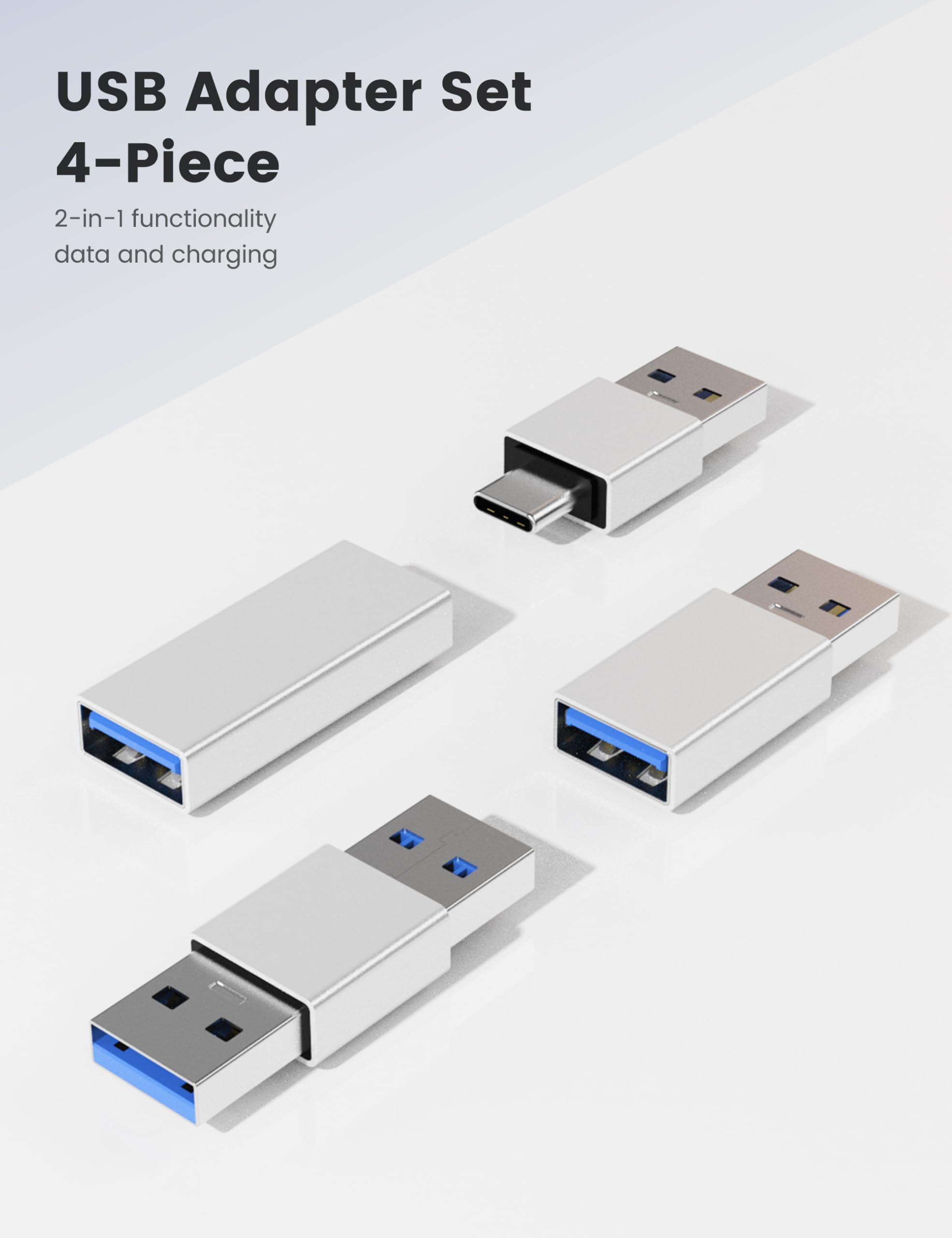 4 rodzaje zestawów apterów USB 3.0, USB 3.0 męski i żeński na męski i żeński na żeński, konwertowanie złącza przedłużającego o dużej prędkości, srebrny