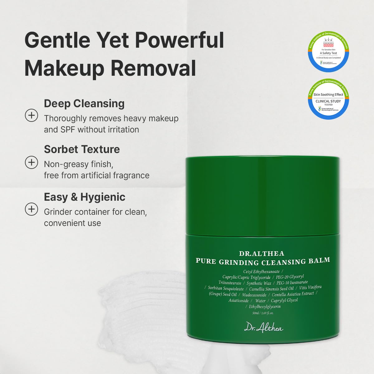 Dr.Althea Pure Grinding Cleansing Balm | Olio detergente igienico in un unico passaggio con madecassoside | Consistenza sorbetto non untuosa | Lenitivo per tutti i tipi di pelle, 50ml
