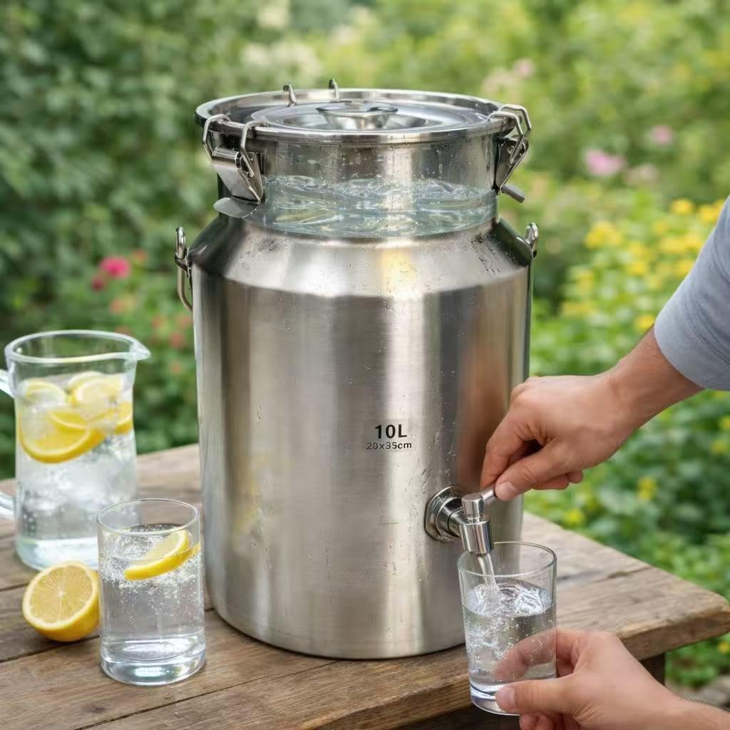 304 Stainless Steel Milk Can with Spigot, 2.6 Gallon Metal Water Dispenser, 10L Steel Water Tank & Stainless Steel Beverage Dispenser, Heavy Duty Drink Dispensers for Milk, Wine, Oil