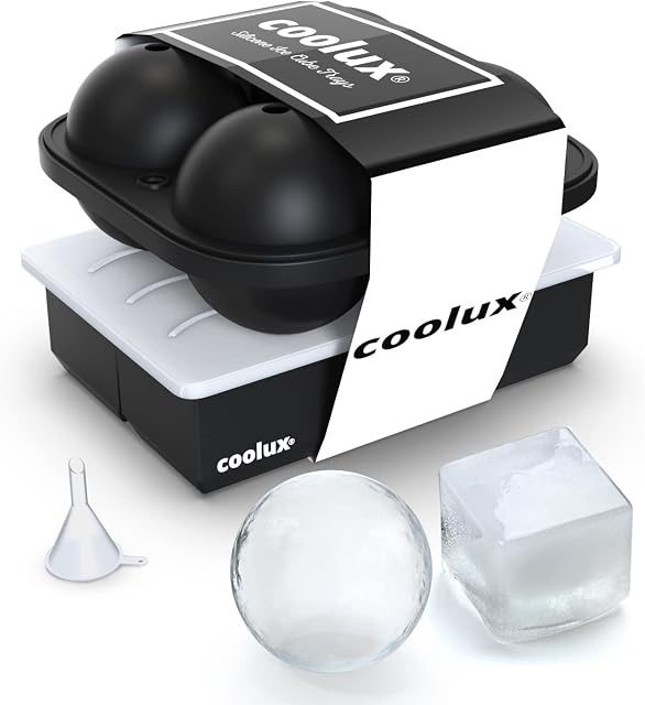 coolux Silicone Ice Cube Tray Set, Extra Large Silicone Ice Square Tray with Lid & Giant Sphere Ice Ball Mould Great Gift for Whiskey, Gin & Cocktail Lovers (Black)