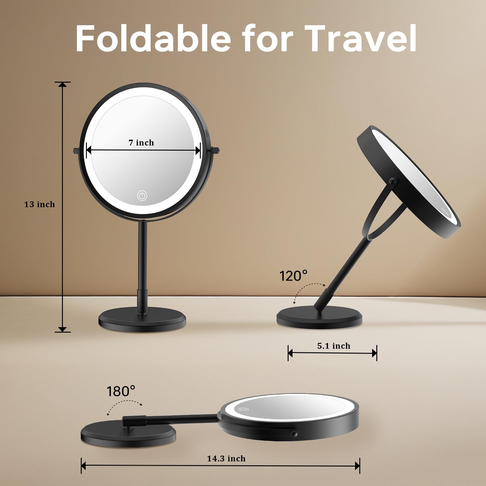 Espejo de maquillaje plegable de viaje con luces y aumento, espejo de aumento iluminado de doble cara 1X/10X con batería recargable, brillo ajustable, iluminación de 3 colores, negro