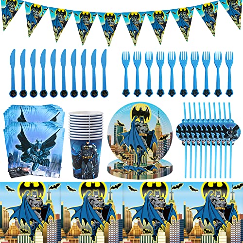 Ksopsdey Batman Ensemble Vaisselle de Fête Batman Party Décoration pour Anniversaire d'enfant et Party Comprendre Assiettes Tasses Serviettes Fourchettes et Bannières 72Pcs Cover