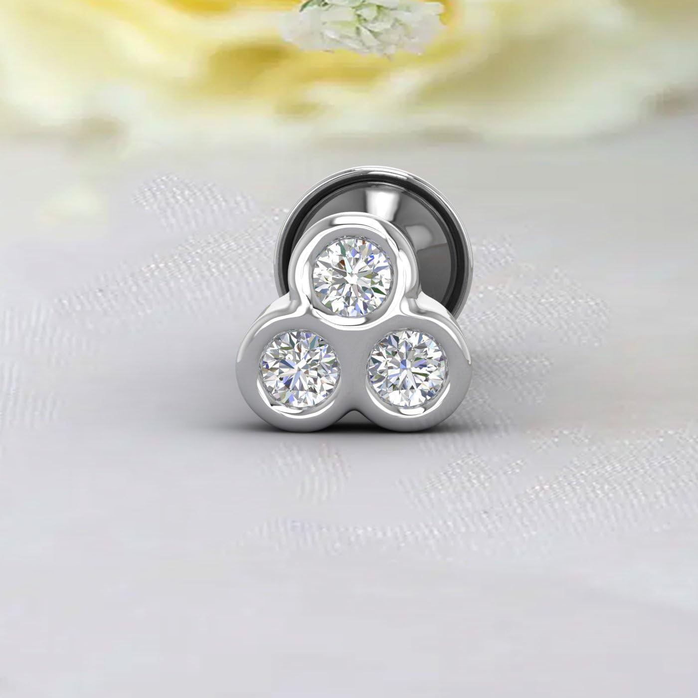 0.04 Carat 3-Stone Bezel Set Natural Diamond Nose Pin Screw Back Nose Stud 18K Gold (SI1-SI2 Clarity)