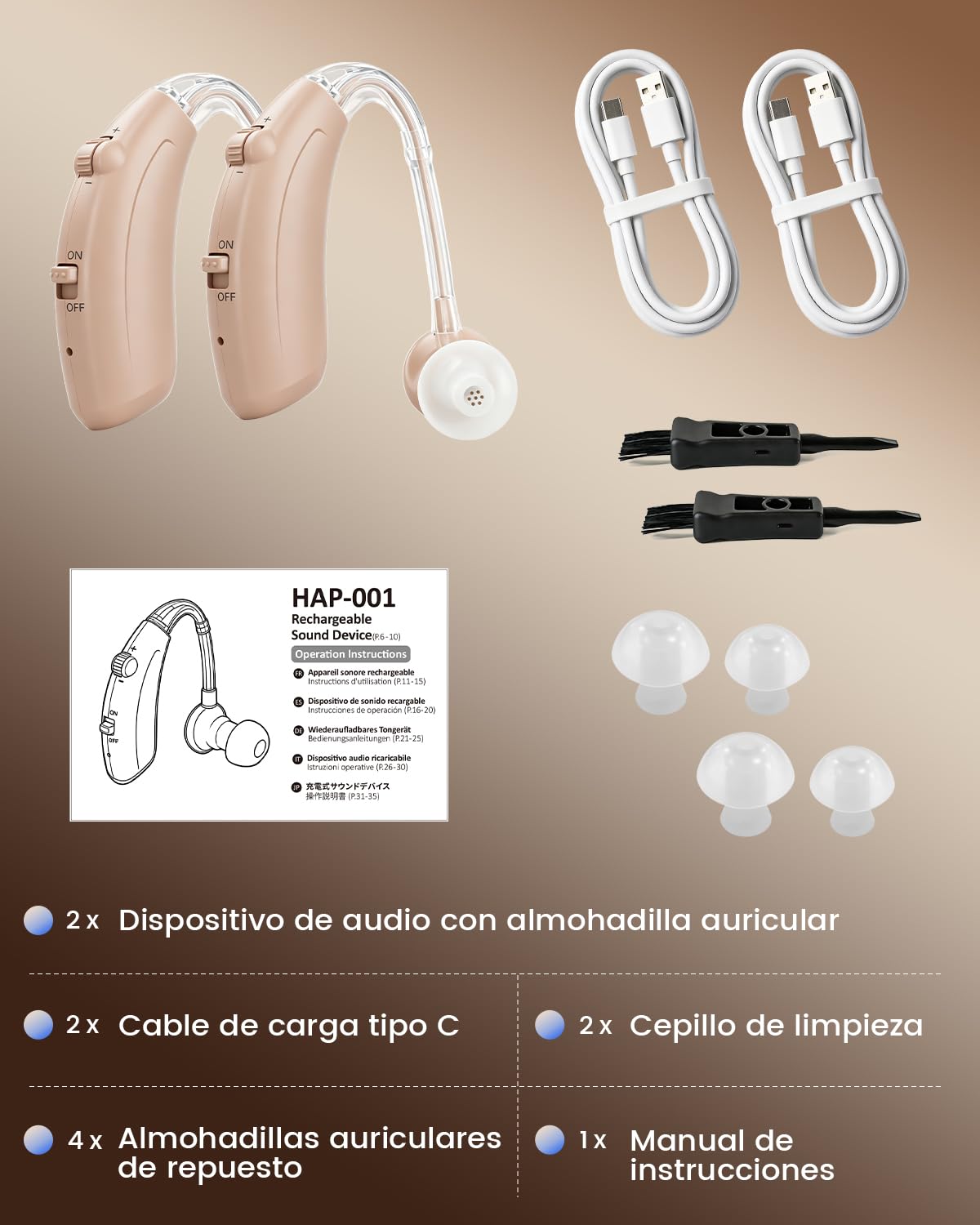 Dispositivo de sonido recargable para adultos: 48 horas de batería, carga rápida por USB-C y un diseño ligero y discreto
