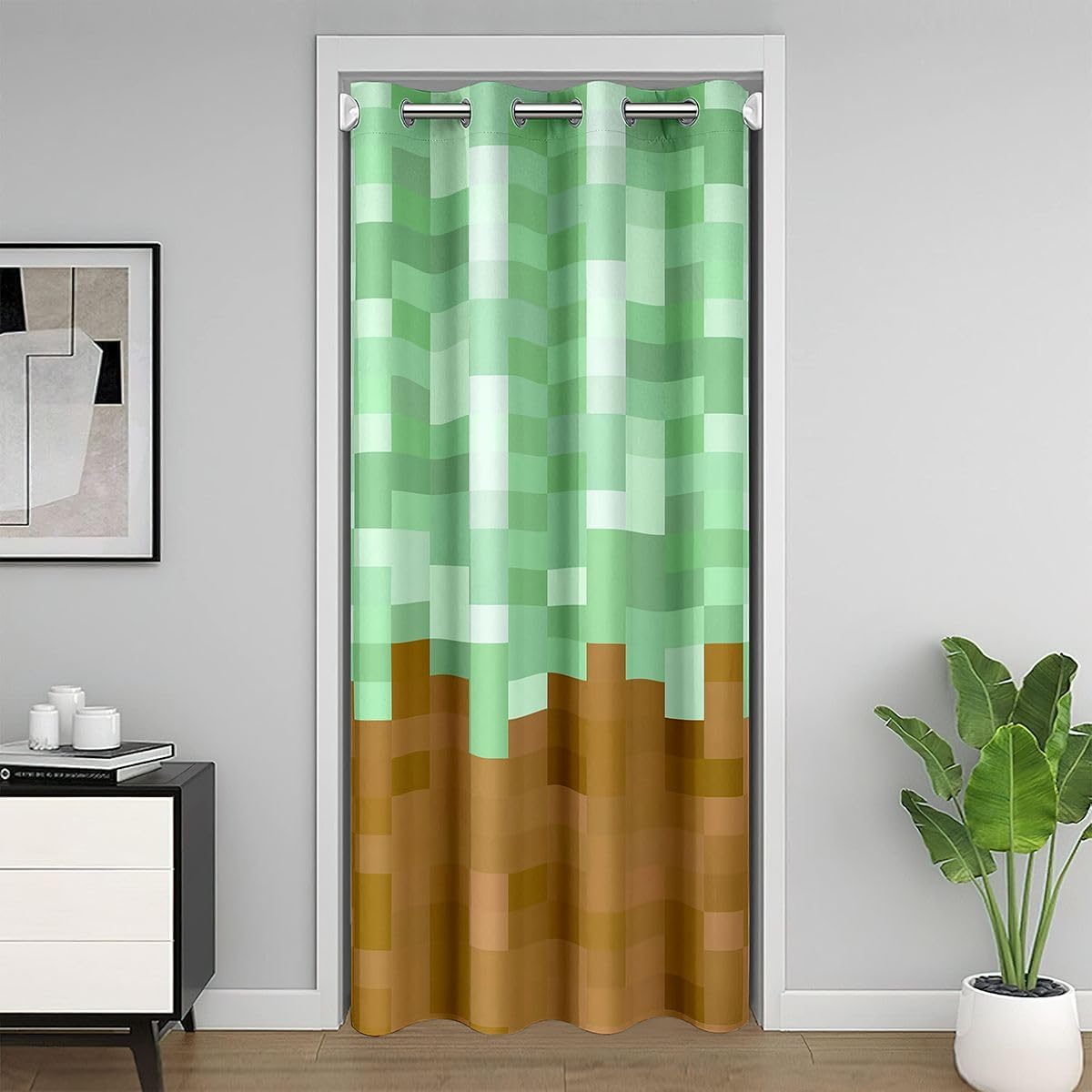Pixelated Miners Game Kids Door Curtain,Geometric Check Video Games Blackout Curtain,Gamepad Grid Gaming Bedroom Doorway Living Room Decor,Beige Green Brown Privacy Door Drape 1 Panel,42" W X 80" L image 4