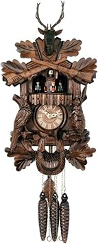 One Day Musical Hunters Cuckoo Clock with Dancers, Hand-Carved Animals, and Buck - 17 Inches Tall - Model # MD419-17