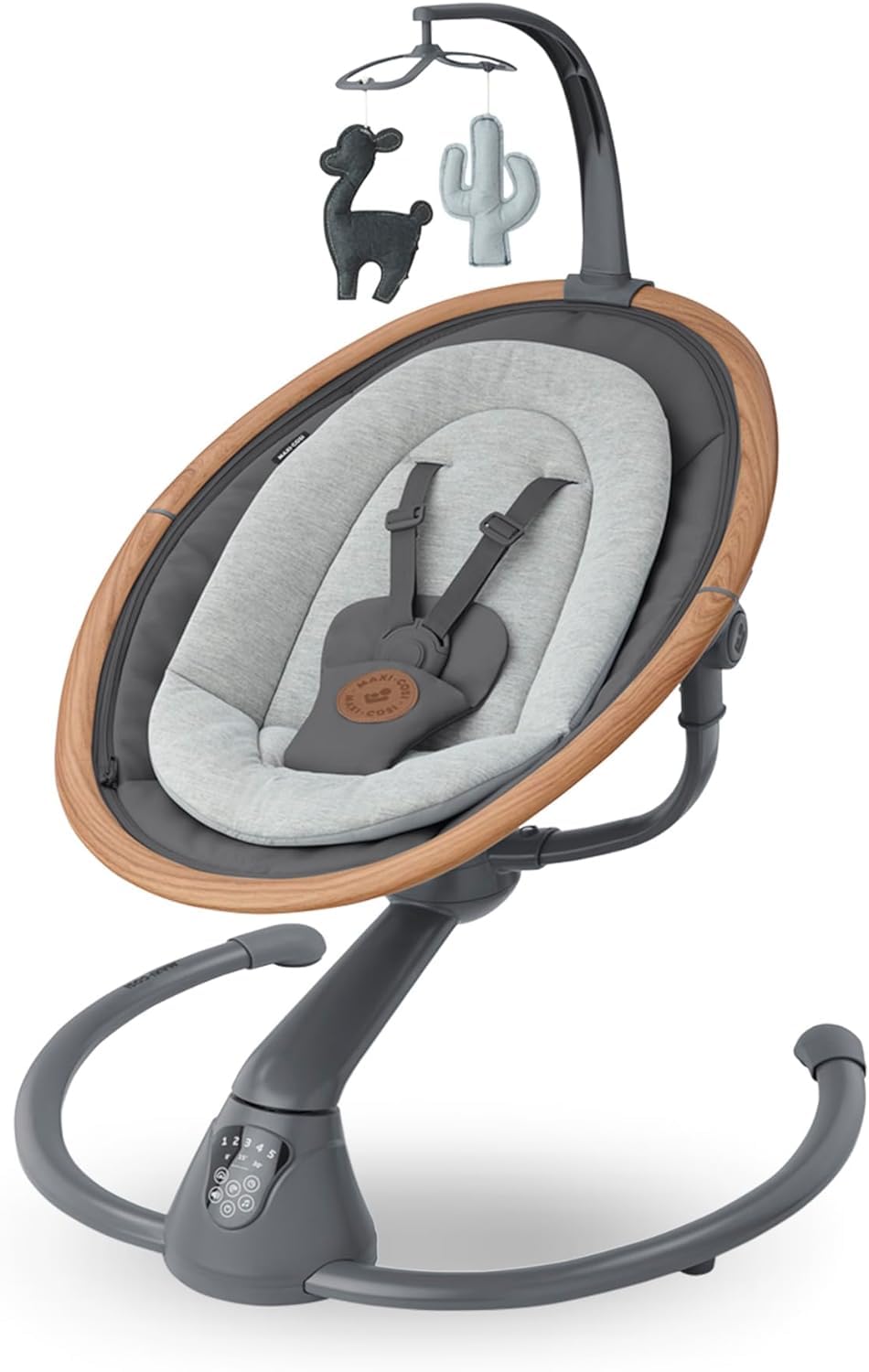 Maxi-Cosi Cassia Sdraietta Neonati Elettrica per Bambini, 0-6 mesi, max 9 kg, Altalena Neonato Girevole 360°, Reclinabile, Rilevamento Automatico Movimento, 5 Velocità, 12 Melodie, Essential Graphite