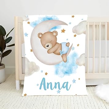 Personalized Teddy Bear Baby Blanket with Name, Soft Fleece Blanket for Boys and Girls, Custom Baby Blanket for Kids and Nursery Decor