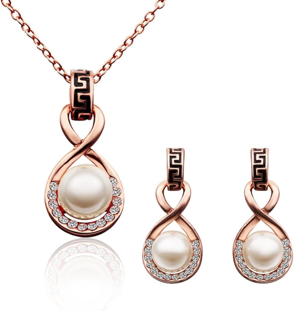 18K Rose Gold Plated Simulated Pearl Jewelry Sets,Elegant Pearl Necklace Drop Earrings-JGW017