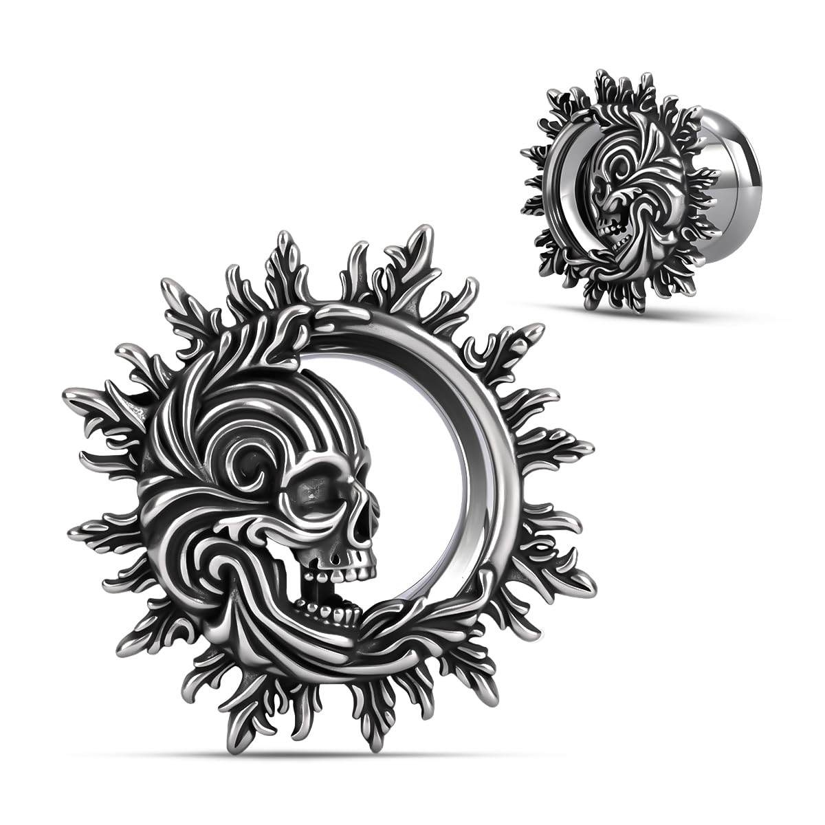 COOEAR Dark Gothic Schädel Ohrringe für Frauen Männer, Edelstahl Punk Spiked Ohrtunnel, Schraube zurück Stretchers Expander.