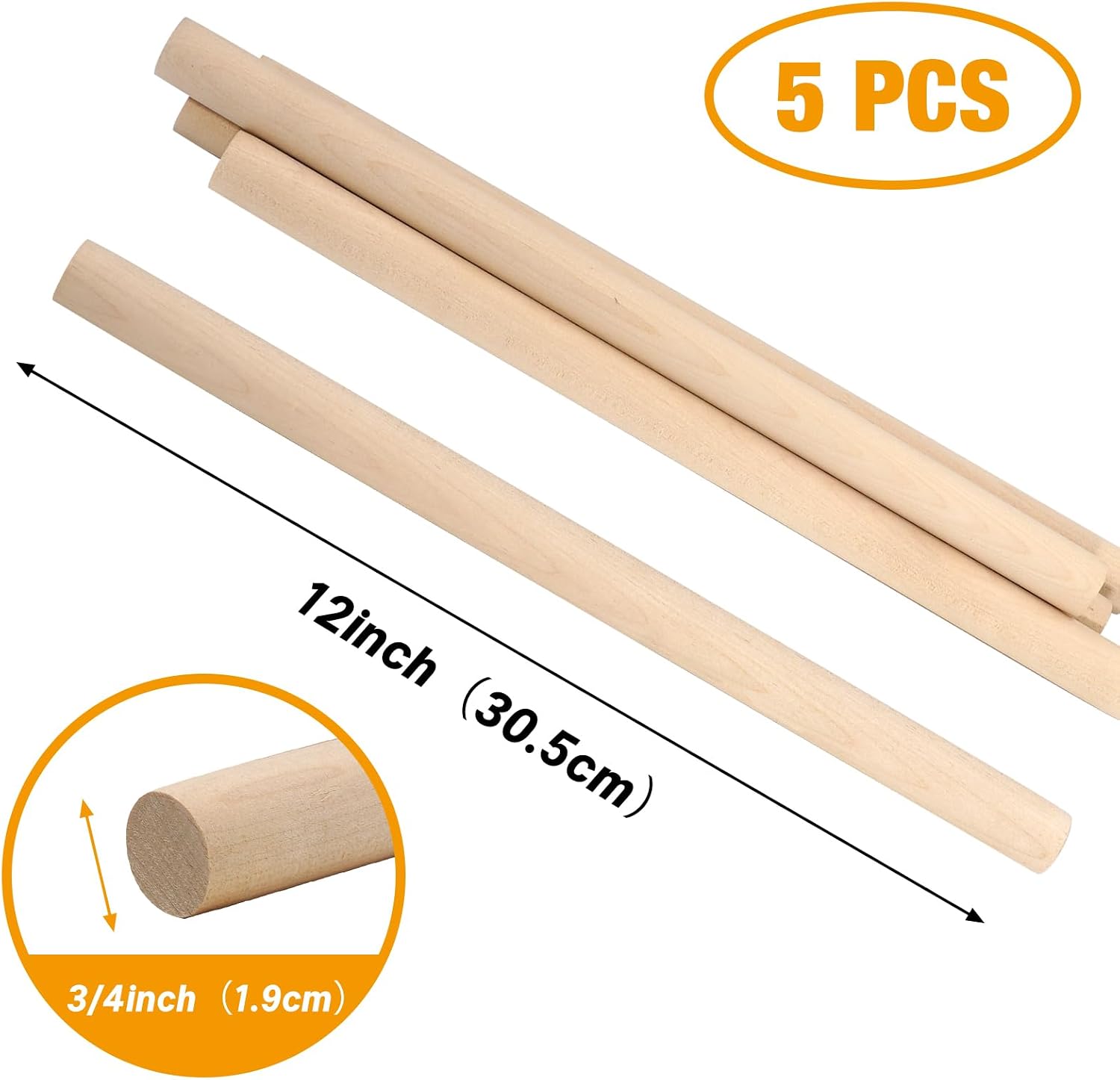 Wooden Dowel Rods Wood Dowels for Crafting 3/4 x 12 Inch, 5 PCS Round Thick Macrame Rods Wooden Sticks for Crafts, Unfinished Birch Hardwood Sticks for Wands, Curtain Rods, Rhythm Sticks